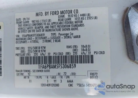 2015 Ford Mustang V6 from USA, damaged, VIN 1FA6P8AM5F5306859